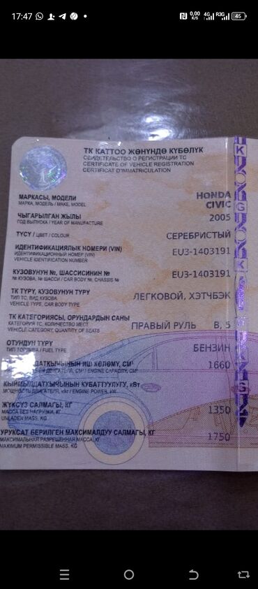 бишкек хонда свик: Honda Civic: 2005 г., 1.6 л, Бензин, Хетчбек