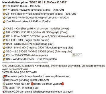 Masaüstü kompüterlər və iş stansiyaları: Masaüstü Kompüter "DDR3 H61 1155 Core i5 3470” ⭐Tək Sistem Bloku – 190 -da lalafo.az — 4 Masaüstü kompüterlər və iş stansiyaları: Masaüstü Kompüter "DDR3 H61 1155 Core i5 3470” ⭐Tək Sistem Bloku – 190 — 4