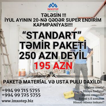 Plitə işləri: "STANDART" TƏMİR PAKETİ 1 m² 250 AZN GÖRÜLƏN İŞLƏR​: ▪️Divarlar