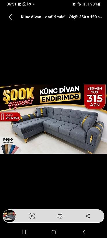 Divanlar: Künc divan – endirimdə! Ölçü: 250 x 150 sm Qiymət: 315 AZN (380 AZN — 1