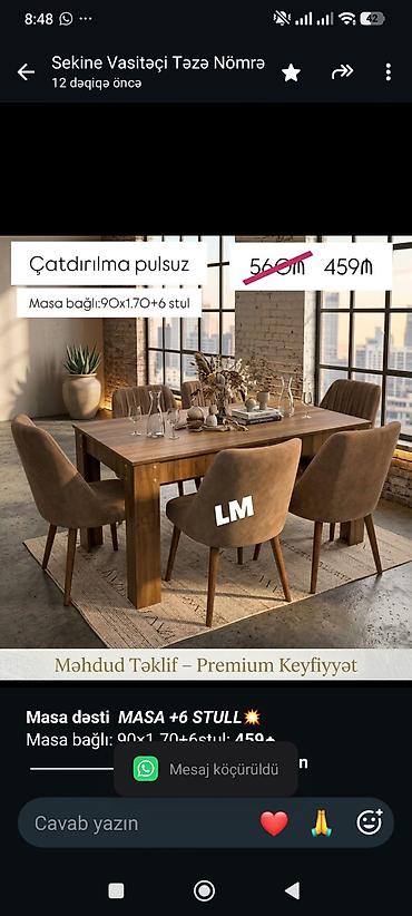 *Masa dəsti* _*MASA +6 STULL💥*_ Masa bağlı: 90×1.70+6stul: *459₼* lalafo.az -da *Masa dəsti* _*MASA +6 STULL💥*_ Masa bağlı: 90×1.70+6stul: *459₼*