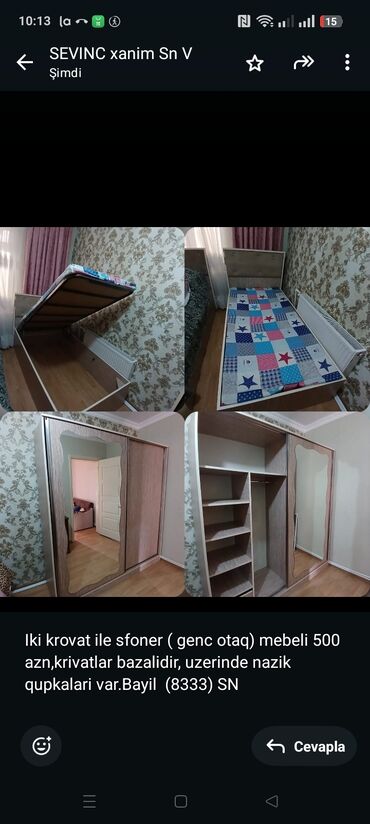 Mətbəx mebeli: Iki krovat ile sfoner ( genc otaq) mebeli 500 azn,krivatlar bazalidir