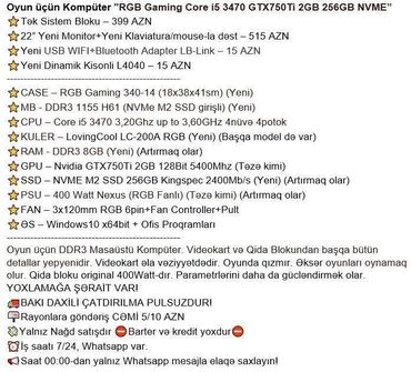 Masaüstü kompüterlər və iş stansiyaları: Oyun üçün Kompüter "RGB Gaming Core i5 3470 GTX750Ti 2GB 256GB NVME” -da lalafo.az — 2 Masaüstü kompüterlər və iş stansiyaları: Oyun üçün Kompüter "RGB Gaming Core i5 3470 GTX750Ti 2GB 256GB NVME” — 2