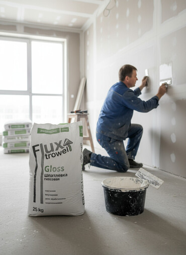 шпаклёвка: Гипсовая шпатлевка Flux Trowell Gloss в мешках по 25 кг. Пластичная
