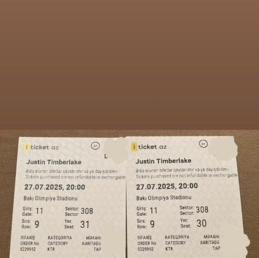 Tədbirlərin təşkili: Baku Olimpiya Stadionunda Justin Timberlake konserti üçün biletlər