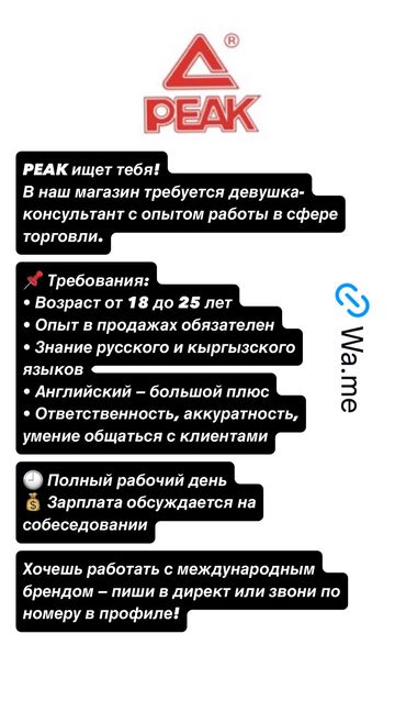 работа реализатора в бишкеке: Талап кылынат Сатуучу консультант га Кийим-кече дүкөнү, Иш тартиби: Нөөмөттүк график, Карьера жактан көтөрүлүү, Толук жумуш күнү