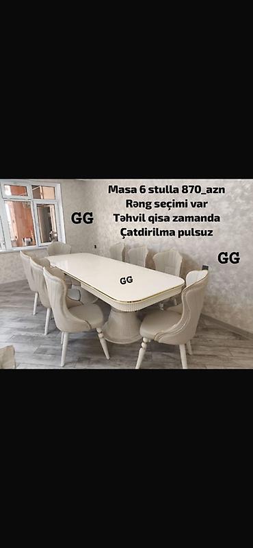 Masaüstü dəstlər: Masa–stul dəstləri 1) Dəst 1: - Masa 6 stul ilə – 580 AZN - Masanın — 2