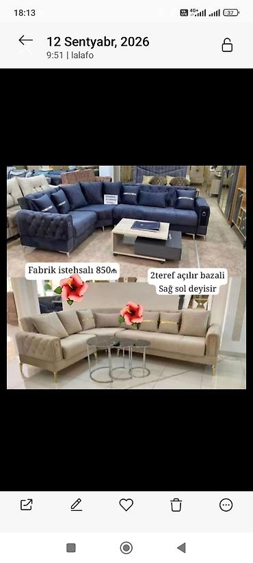 Künc divan dəsti – fabrik istehsalı Xüsusiyyətlər: - 2 tərəfi açılan