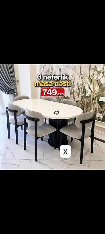 sutular: 6 nəfərlik masa dəsti - Zərif, oval formalı ağ yemək masası - — 1