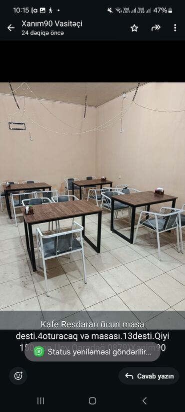 Butkalar, köşklar: Kafe Resdaran ücun masa desti.4oturacaq və masası.13desti.Qiyi