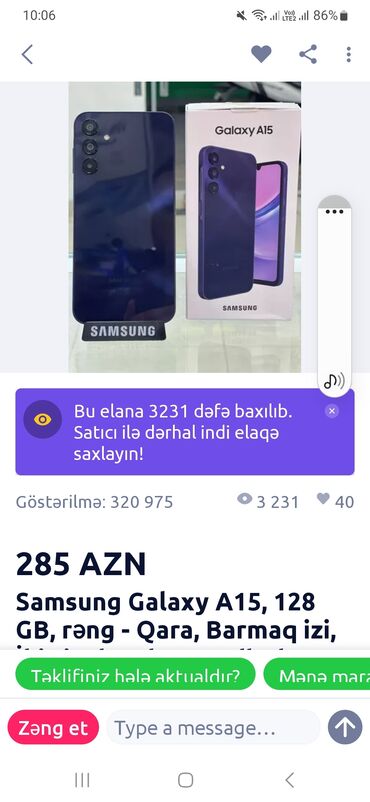 telefonlar samsung: Samsung Galaxy A15, 128 ГБ, цвет - Черный, Отпечаток пальца, Две SIM карты