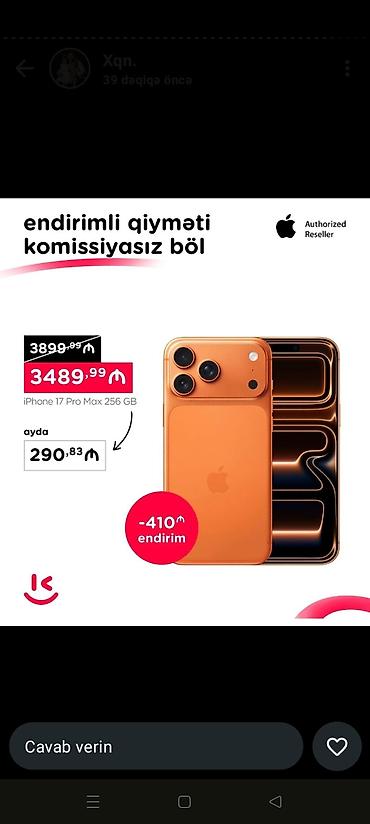 iphone 17 qiyməti: IPhone 17 Pro Max, 256 GB, Narıncı, Hissə-hissə ödəniş — 2