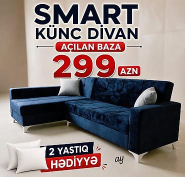 divan sekilleri: SMART künc divan – açılan baza ilə. - Yumşaq, tünd mavi parça üzlük - — 1