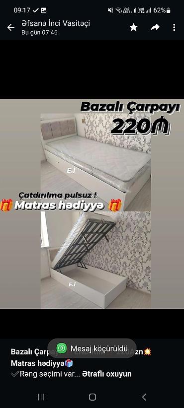 Мебель: *Bazalı Çarpayı ‼️ENDİRİM‼️ 220Azn💥* *Matras hədiyyə🎁* ✔️Rəng seçimi — 1