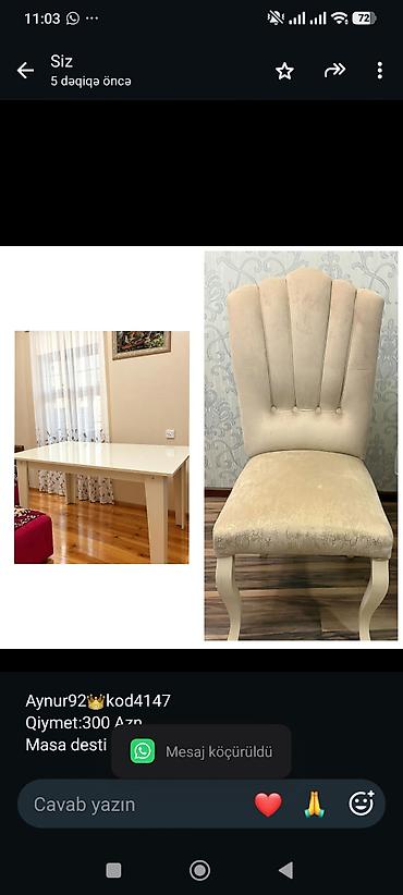 Aynur92👑kod4147 Qiymet:300 Azn Masa desti satilir 1 masa 6 oturacaq