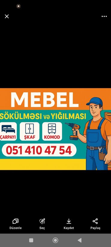 mebel parçaları: Mebel sökülməsi və yığılması xidmətləri təklif edirik. Çarpayı, şkaf