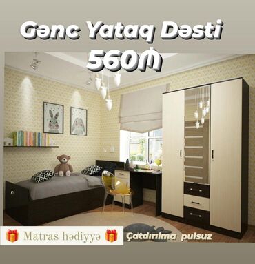 genc yataq mebeli: Oğlan və qız üçün, Yeni, Təknəfərlik çarpayı, Yazı masası, Dolab