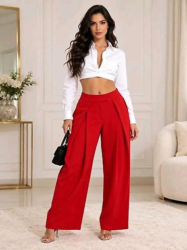 enter pantalone: Ženske elegantne pantalone sa visokim strukom i širokim nogavicama - — 3