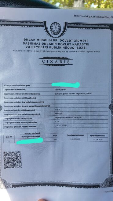 Torpaq sahələrinin satışı: 6 sot, Tikinti, Mülkiyyətçi, Kupça (Çıxarış) — 12