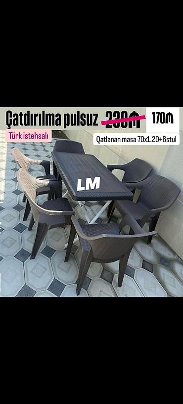 turk sekiller: Türk istehsalı olan qatlanan masa və 6 stuldan ibarət dəst. Masa 70 sm — 3