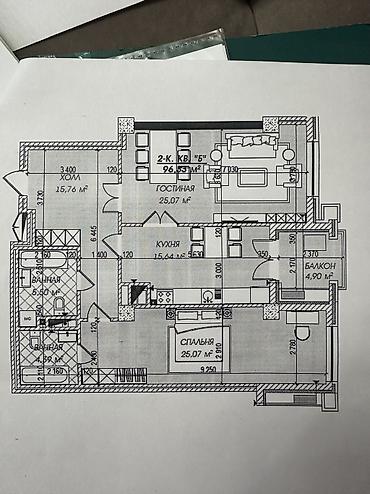 комнаты иссык: 2 комнаты, 96 м², Элитка, 7 этаж — 5