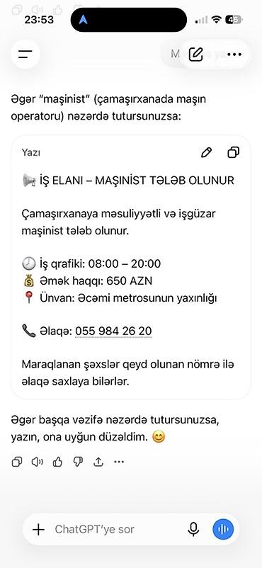 operator vakansiya 2019: Camaşırçı tələb olunur — 1