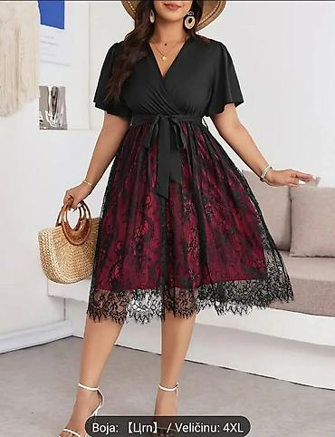 sparrow helanke: Elegantna plus size haljina 4XL – midi dužina, crno-bordo kombinacija — 5