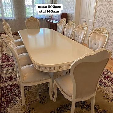 taxta stul stol: MASA DƏSTI Klassik üslublu yemək otağı dəsti - Rəng: açıq krem/ivori — 1