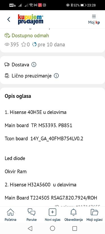 Matične ploče: Hisense televizori – delovi 1) Hisense 40H3E – delovi: - Main board — 1