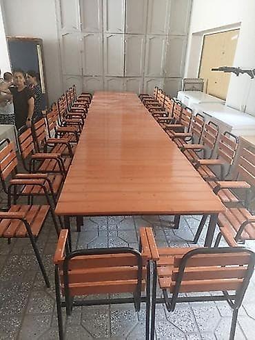 Metall karkaslı masa və stul dəsti - Uzun düzbucaqlı masa: taxta