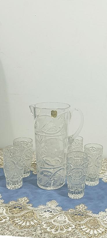 kompot: Kəsimli şüşə sürahı və stəkan dəsti - Dəst tərkibi: 1 ədəd sürahı, 6 — 1