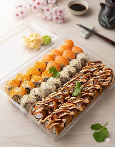 mozzarella pendiri: Sushi və roll assortisi – böyük taxta ləvədə müxtəlif növdə dəst - — 4