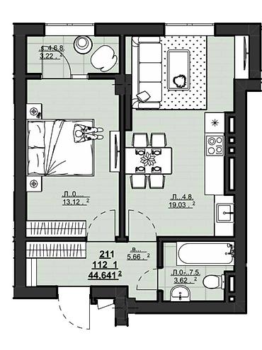 1 комната, 44 м², АУЦА Элитка, 12 этаж, ПСО (под самоотделку)