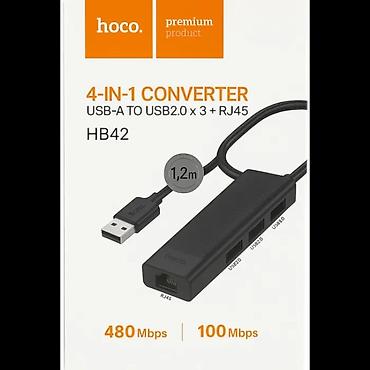 termo printer: HOCO HB42 Easy Safety USB-A Hub 4-in-1 (3×USB və RJ45) Kompüter və — 1