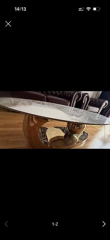 Oval formalı mərmər üstlü salon masası - Üst hissə: ağ fonlu, təbii