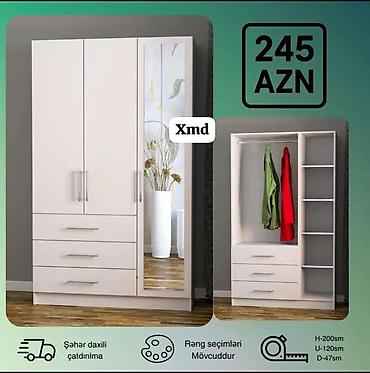 hamam asılqan: Ağ rəngli 3 qapılı paltar şkafı, güzgülü ön panel ilə. - Ümumi — 1