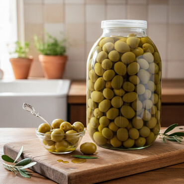 Turşular: Məhsul: Şüşə bankalarda yaşıl zeytun (suyu ilə) Təsvir: - Təbii duzlu — 1