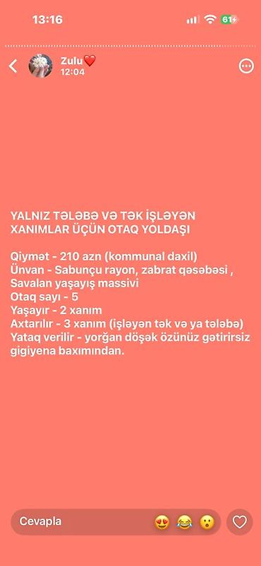Yalnız tələbə və ya tək işləyən xanımlar üçün otaq yoldaşı axtarılır lalafo.az -da Yalnız tələbə və ya tək işləyən xanımlar üçün otaq yoldaşı axtarılır