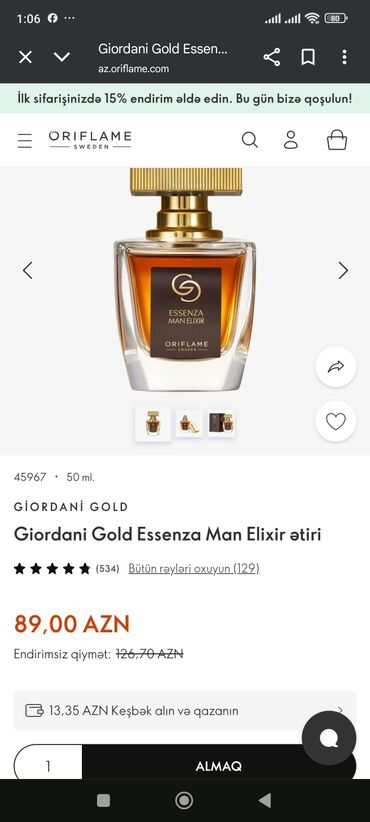qənimət ətri: Oriflame markasının Giordani Gold Essenza Man Elixir ətri. Bu ətir