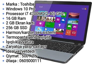 8gb notebook ram ddr4: İşlənmiş Toshiba, 15.6 ", Intel Core i7, 256 GB, Rayonlara çatdırılma