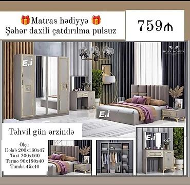levent mebel: Müasir yataq otağı dəsti – elegant boz-qızılı dizayn, funksional və — 1
