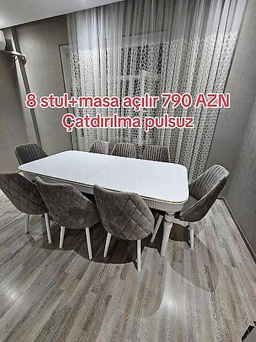 Yemək otağı dəsti – 8 stul + açılan masa - Masa: Ağ rəngli
