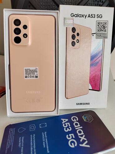 Мобильные телефоны и аксессуары: Samsung Galaxy A53 5G, 128 ГБ, цвет - Оранжевый, Кнопочный, Отпечаток пальца, Face ID