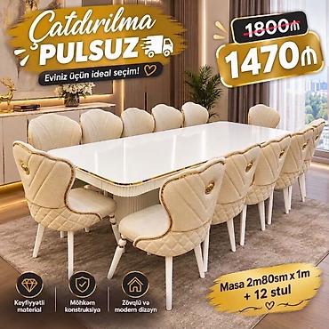 - Yemək otağı dəsti: 1 masa + 12 stul - Masa ölçüsü: 2 m 80 sm x 1 m -