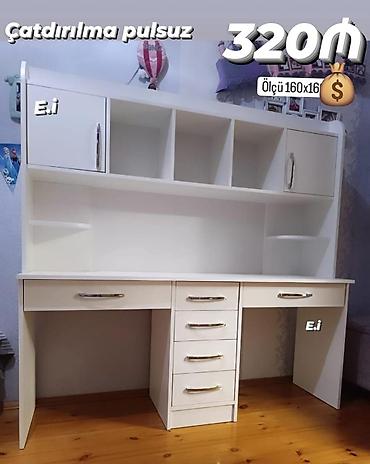 pufik masa: İki iş sahəli ağ rəngli yazı masası və üst rəf bloku. Xüsusiyyətlər — 1