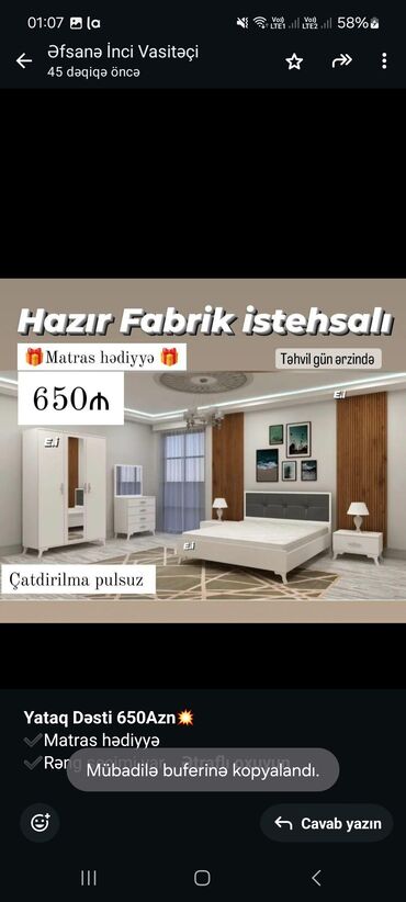 *Yataq Dəsti 650Azn💥* ✔️Matras hədiyyə ✔️Rəng seçimi var *✔️