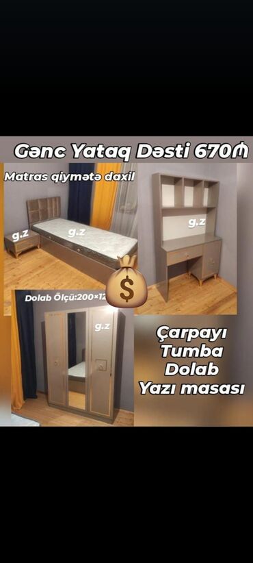 Uşaq və gənc otağı üçün dəstlər: Oğlan və qız üçün, Yeni, Yazı masası, Dolab, Tumba