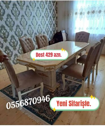 Masa və oturacaq dəstləri: Qonaq otağı üçün, Yeni, Açılmayan, Dördbucaq masa, 6 stul — 9