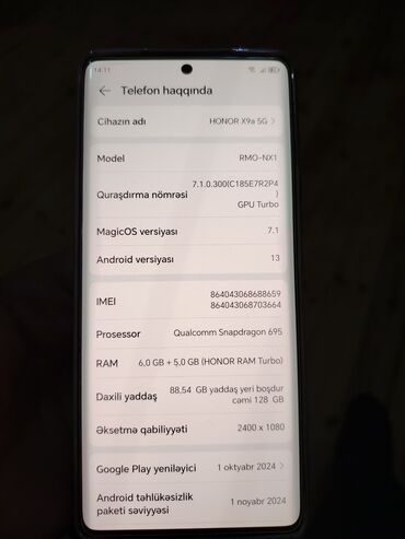 Honor: Honor X9a, 128 GB, rəng - Qara, Barmaq izi, Simsiz şarj, İki sim kartlı