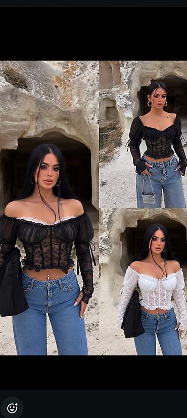qis geyimləri: Korse detalli şifon/qipur büstqalterli bluz. - Stil: off-shoulder — 1